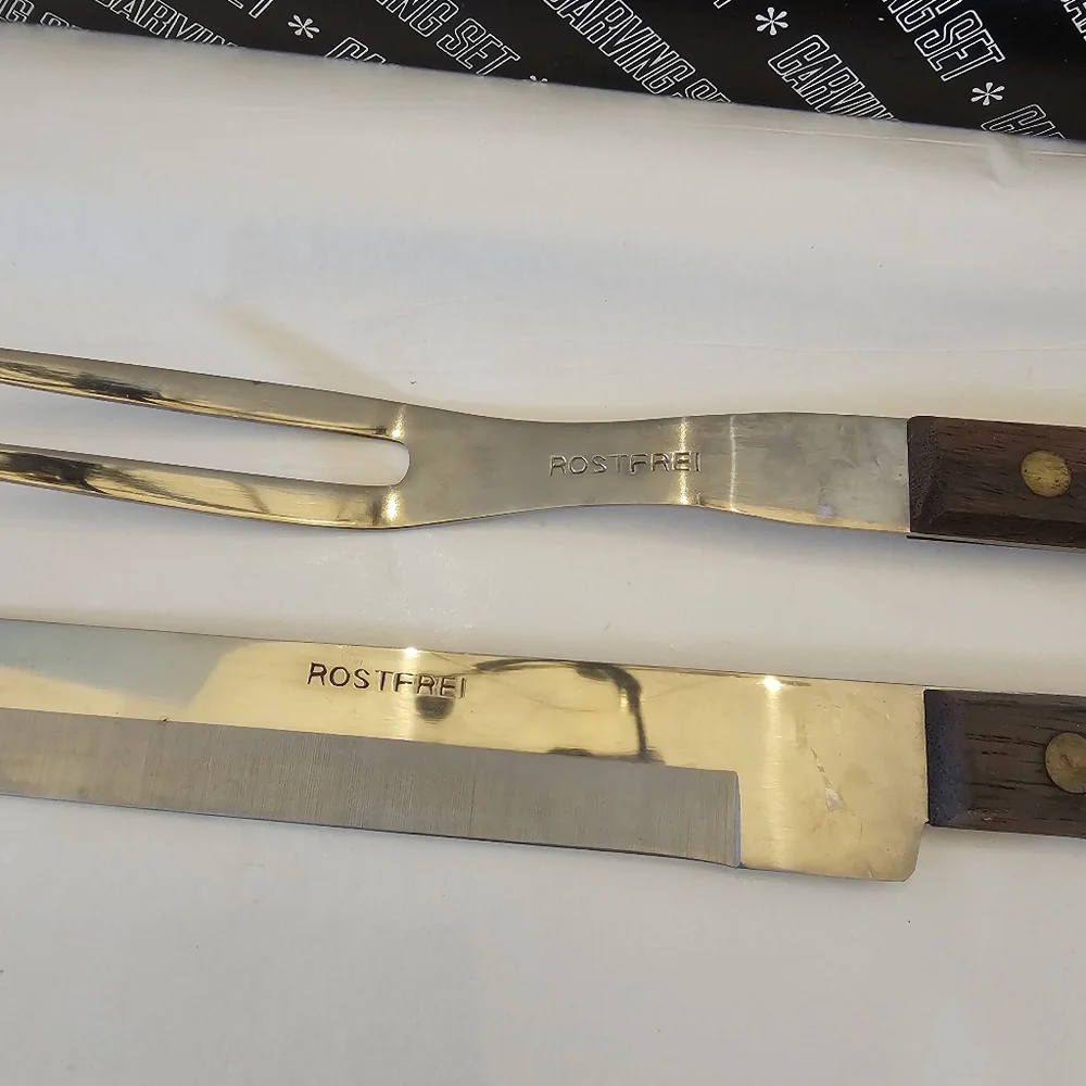 60's Rostfrei Wood Handle Meat Carving Knife & Fork Boxed Set Vintage MCM